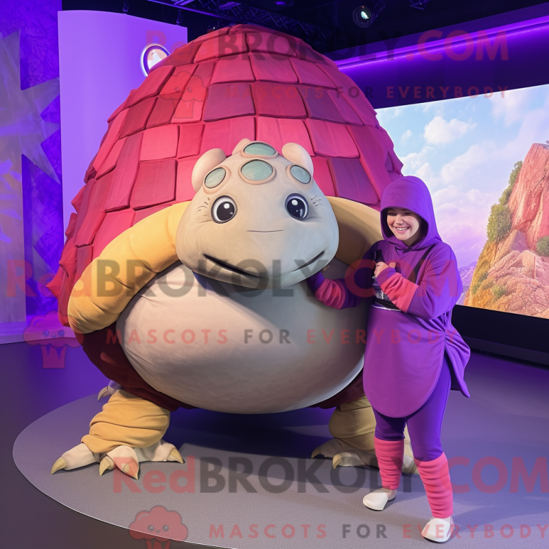Mascot character of a Purple Glyptodon dressed with a Capri Pants and Wraps Mascot character of a Purple Glyptodon dressed with a Capri Pants and Wraps