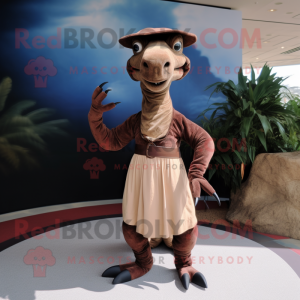 Brown Parasaurolophus mascot costume character dressed with a Maxi Dress and Belts