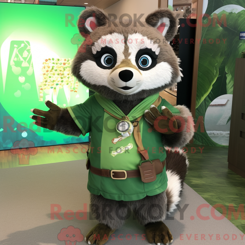 Mascot character of a Green Raccoon dressed with a Button-Up Shirt and Shawls Mascot character of a Green Raccoon dressed with a Button-Up Shirt and Shawls