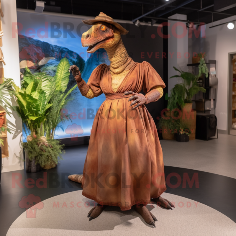 Brown Parasaurolophus mascot costume character dressed with a Maxi Dress and Belts