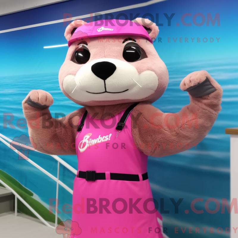 Mascot character of a Pink Otter dressed with a Bikini and Headbands