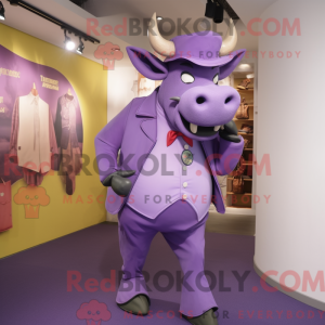 Mascot character of a Purple Bull dressed with a Culottes and Clutch bags