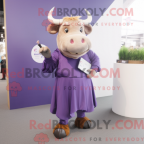 Mascot character of a Purple Bull dressed with a Culottes and Clutch bags