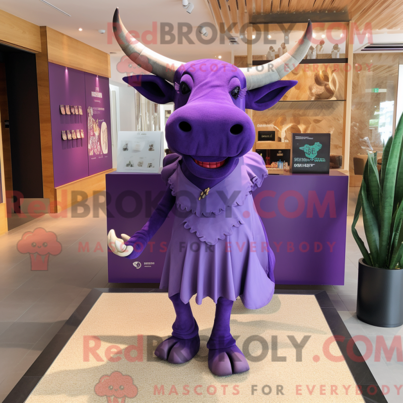 Mascot character of a Purple Bull dressed with a Culottes and Clutch bags