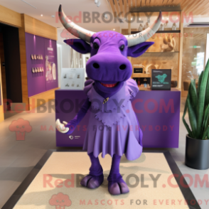 Mascot character of a Purple Bull dressed with a Culottes and Clutch bags