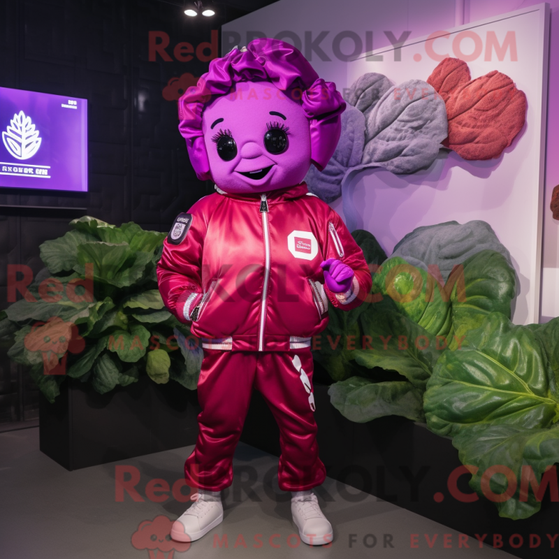 Mascot character of a Magenta Cabbage dressed with a Bomber Jacket and Digital watches Mascot character of a Magenta Cabbage dressed with a Bomber Jacket and Digital watches