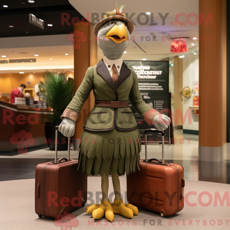 Mascot character of a Olive Turkey dressed with a Empire Waist Dress and Briefcases Mascot character of a Olive Turkey dressed with a Empire Waist Dress and Briefcases