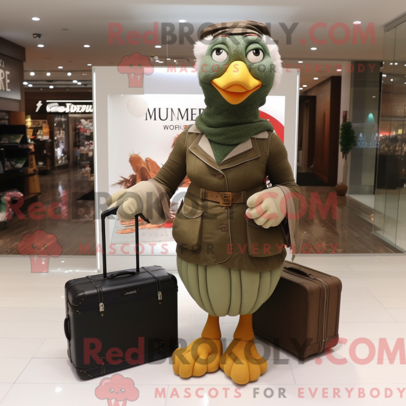 Mascot character of a Olive Turkey dressed with a Empire Waist Dress and Briefcases Mascot character of a Olive Turkey dressed with a Empire Waist Dress and Briefcases