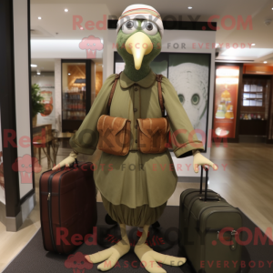 Mascot character of a Olive Turkey dressed with a Empire Waist Dress and Briefcases