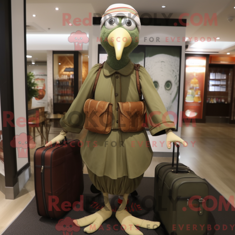 Mascot character of a Olive Turkey dressed with a Empire Waist Dress and Briefcases