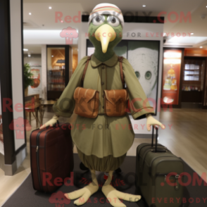 Mascot character of a Olive Turkey dressed with a Empire Waist Dress and Briefcases