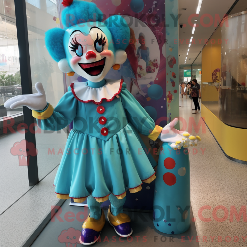 Mascot character of a Turquoise Clown dressed with a Mini Dress and Hairpins Mascot character of a Turquoise Clown dressed with a Mini Dress and Hairpins