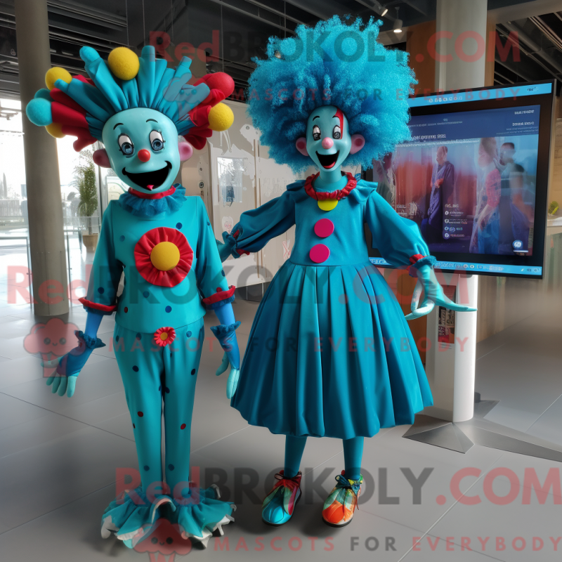 Mascot character of a Turquoise Clown dressed with a Mini Dress and Hairpins Mascot character of a Turquoise Clown dressed with a Mini Dress and Hairpins