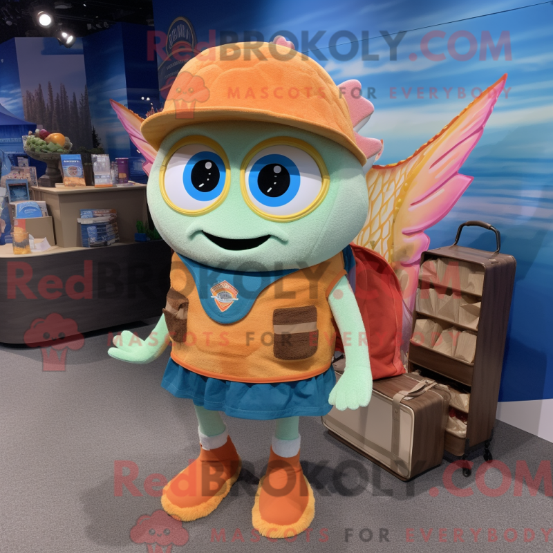 Mascot character of a Peach Fish Tacos dressed with a Henley Tee and Messenger bags Mascot character of a Peach Fish Tacos dressed with a Henley Tee and Messenger bags