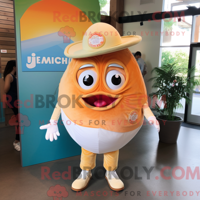 Mascot character of a Peach Fish Tacos dressed with a Henley Tee and Messenger bags Mascot character of a Peach Fish Tacos dressed with a Henley Tee and Messenger bags