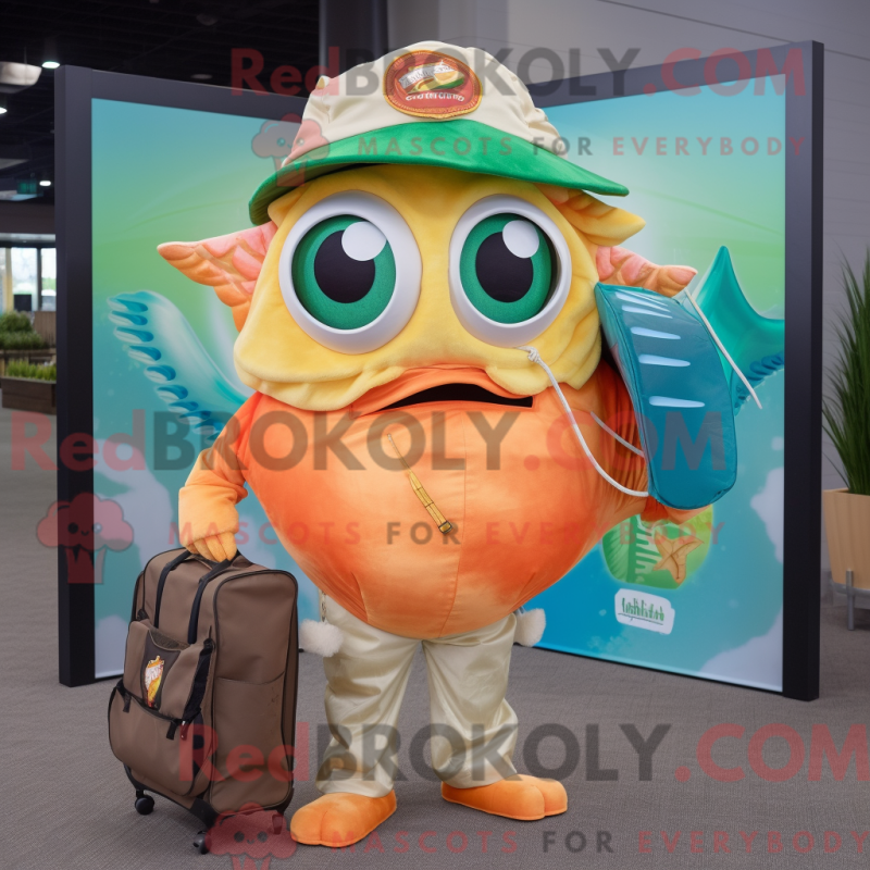 Mascot character of a Peach Fish Tacos dressed with a Henley Tee and Messenger bags Mascot character of a Peach Fish Tacos dressed with a Henley Tee and Messenger bags