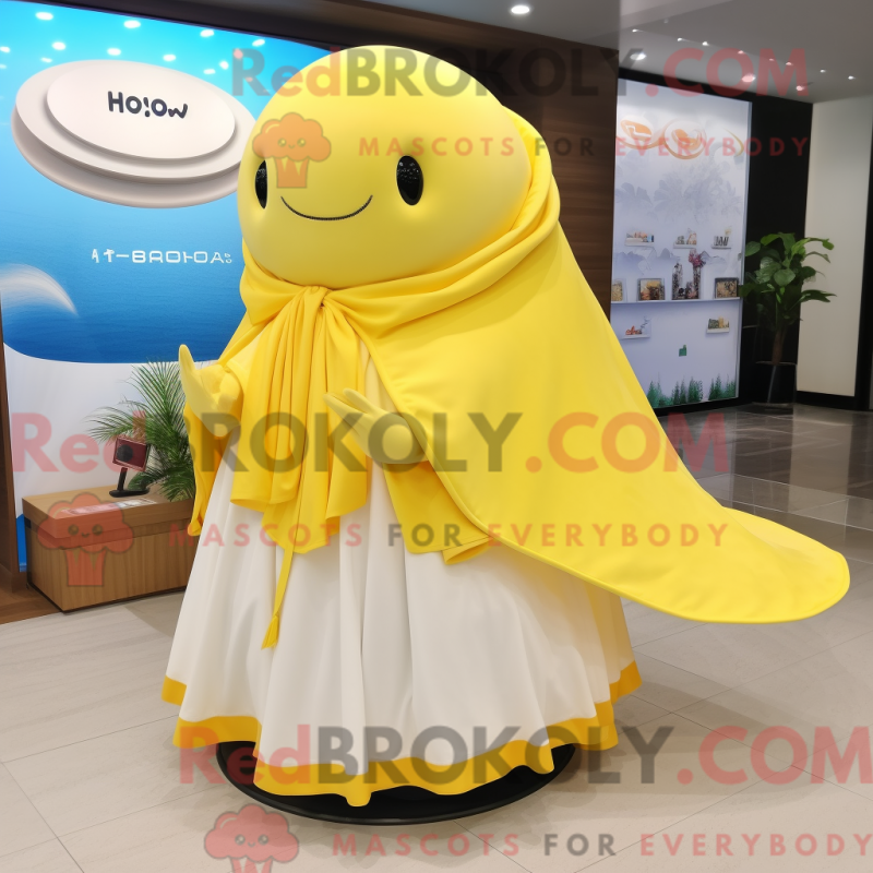 Mascot character of a Lemon Yellow Humpback Whale dressed with a Circle Skirt and Shawls Mascot character of a Lemon Yellow Humpback Whale dressed with a Circle Skirt and Shawls