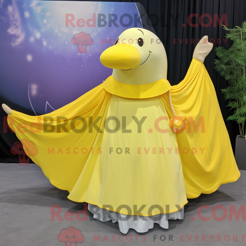 Mascot character of a Lemon Yellow Humpback Whale dressed with a Circle Skirt and Shawls Mascot character of a Lemon Yellow Humpback Whale dressed with a Circle Skirt and Shawls