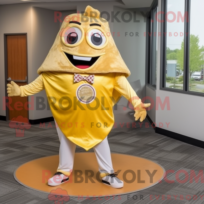 Mascot character of a Gold Pizza Slice dressed with a Dress Pants and Anklets Mascot character of a Gold Pizza Slice dressed with a Dress Pants and Anklets