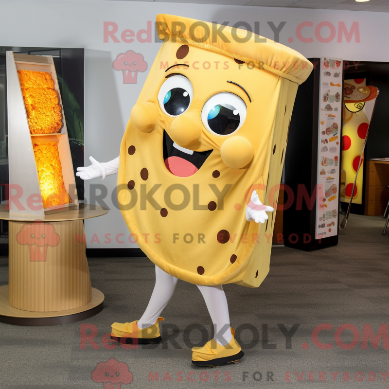 Mascot character of a Gold Pizza Slice dressed with a Dress Pants and Anklets Mascot character of a Gold Pizza Slice dressed with a Dress Pants and Anklets
