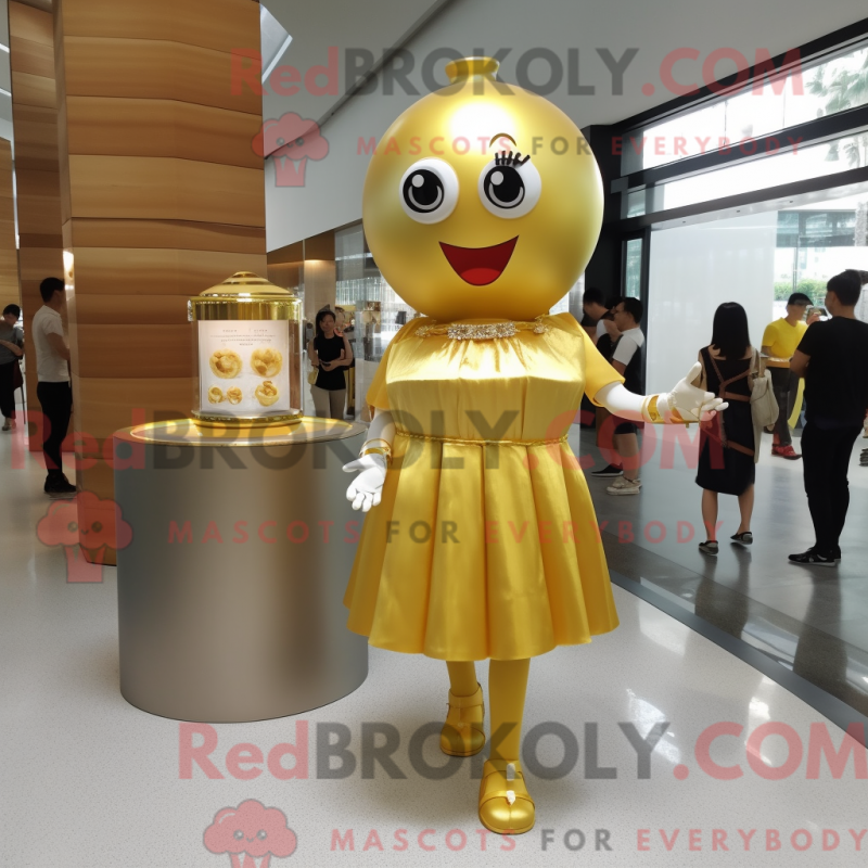 Mascot character of a Gold Candy Box dressed with a Cocktail Dress and Bracelet watches Mascot character of a Gold Candy Box dressed with a Cocktail Dress and Bracelet watches