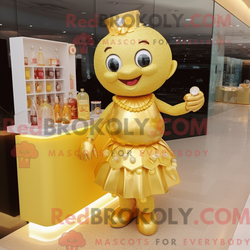 Mascot character of a Gold Candy Box dressed with a Cocktail Dress and Bracelet watches Mascot character of a Gold Candy Box dressed with a Cocktail Dress and Bracelet watches