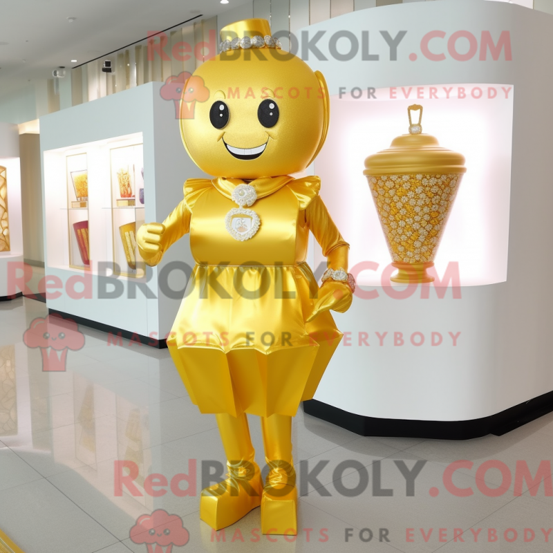 Mascot character of a Gold Candy Box dressed with a Cocktail Dress and Bracelet watches Mascot character of a Gold Candy Box dressed with a Cocktail Dress and Bracelet watches