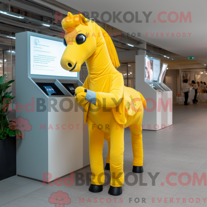 Mascot character of a Yellow Horse dressed with a Cover-up and Foot pads Mascot character of a Yellow Horse dressed with a Cover-up and Foot pads