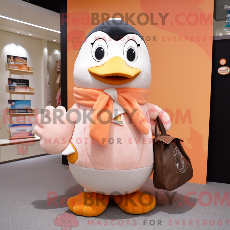 Mascot character of a Peach Penguin dressed with a Coat and Tote bags Mascot character of a Peach Penguin dressed with a Coat and Tote bags