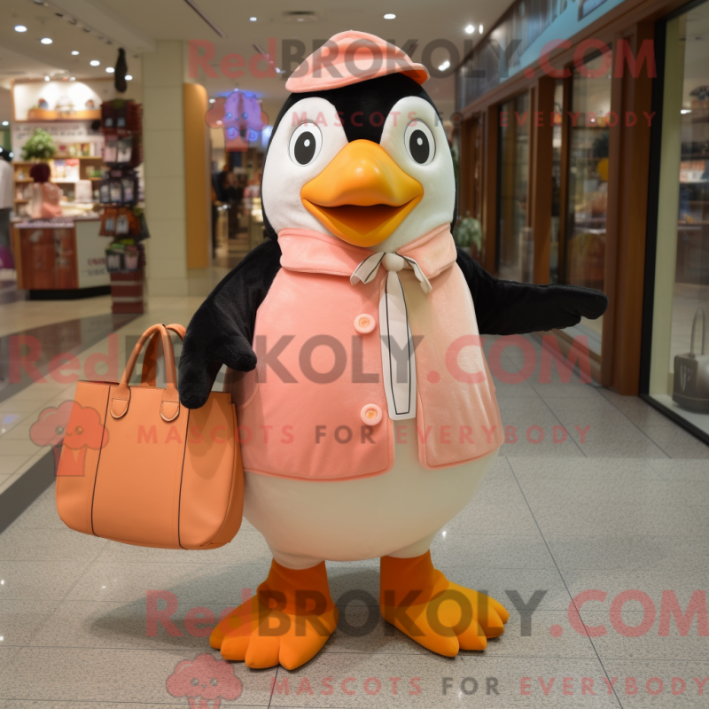 Mascot character of a Peach Penguin dressed with a Coat and Tote bags Mascot character of a Peach Penguin dressed with a Coat and Tote bags