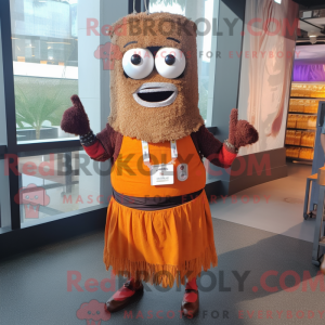 Mascot character of a Rust Biryani dressed with a Midi Dress and Suspenders