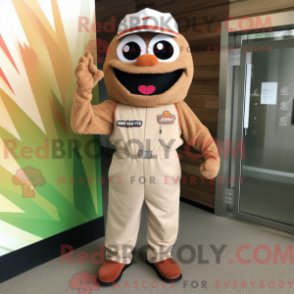 Mascot character of a Tan Jambalaya dressed with a Jumpsuit and Belts