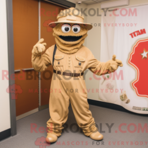Mascot character of a Tan Jambalaya dressed with a Jumpsuit and Belts