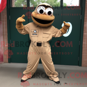 Mascot character of a Tan Jambalaya dressed with a Jumpsuit and Belts