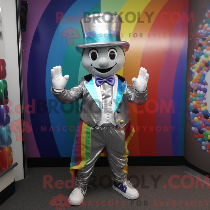 Mascot character of a Silver Rainbow dressed with a Waistcoat and Hat pins Mascot character of a Silver Rainbow dressed with a Waistcoat and Hat pins