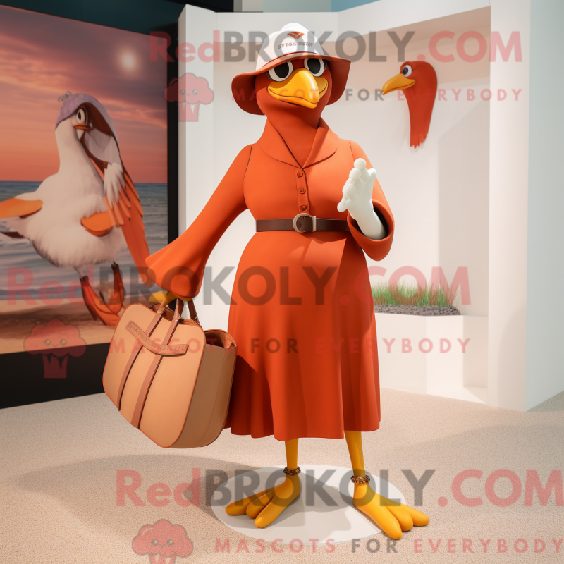 Mascot character of a Rust Gull dressed with a Culottes and Handbags Mascot character of a Rust Gull dressed with a Culottes and Handbags