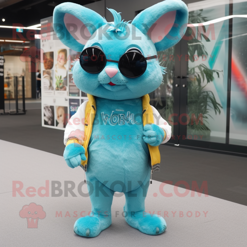 Turquoise Chinchilla mascot costume character dressed with a Long Sleeve Tee and Eyeglasses