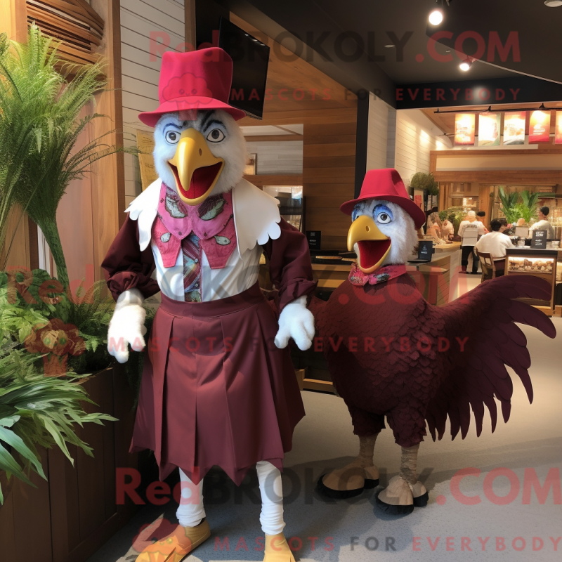 Mascot character of a Maroon Roosters dressed with a Mom Jeans and Belts