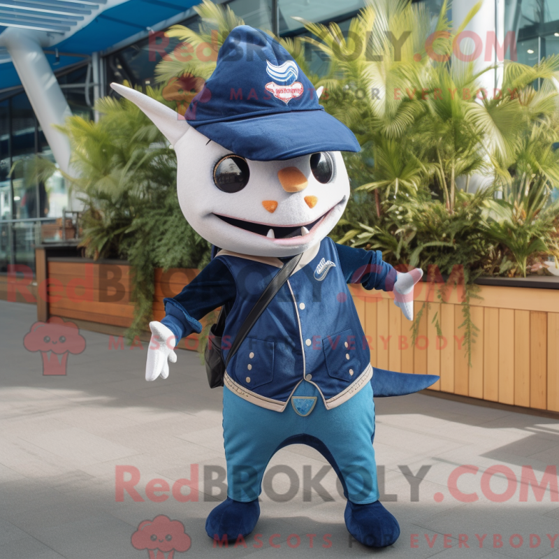Mascot character of a Navy Swordfish dressed with a Jeans and Keychains Mascot character of a Navy Swordfish dressed with a Jeans and Keychains
