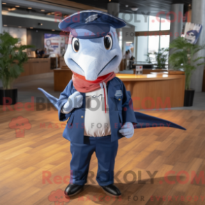 Mascot character of a Navy Swordfish dressed with a Jeans and Keychains