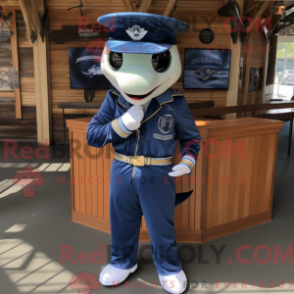 Mascot character of a Navy Swordfish dressed with a Jeans and Keychains