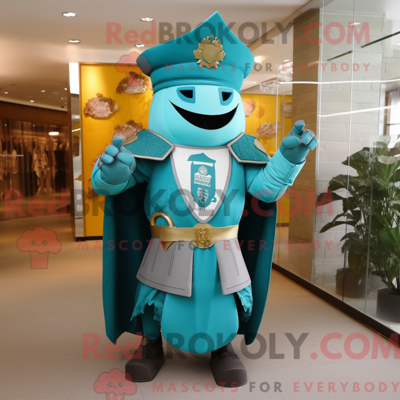 Mascot character of a Turquoise Medieval Knight dressed with a Coat and Hat pins Mascot character of a Turquoise Medieval Knight dressed with a Coat and Hat pins