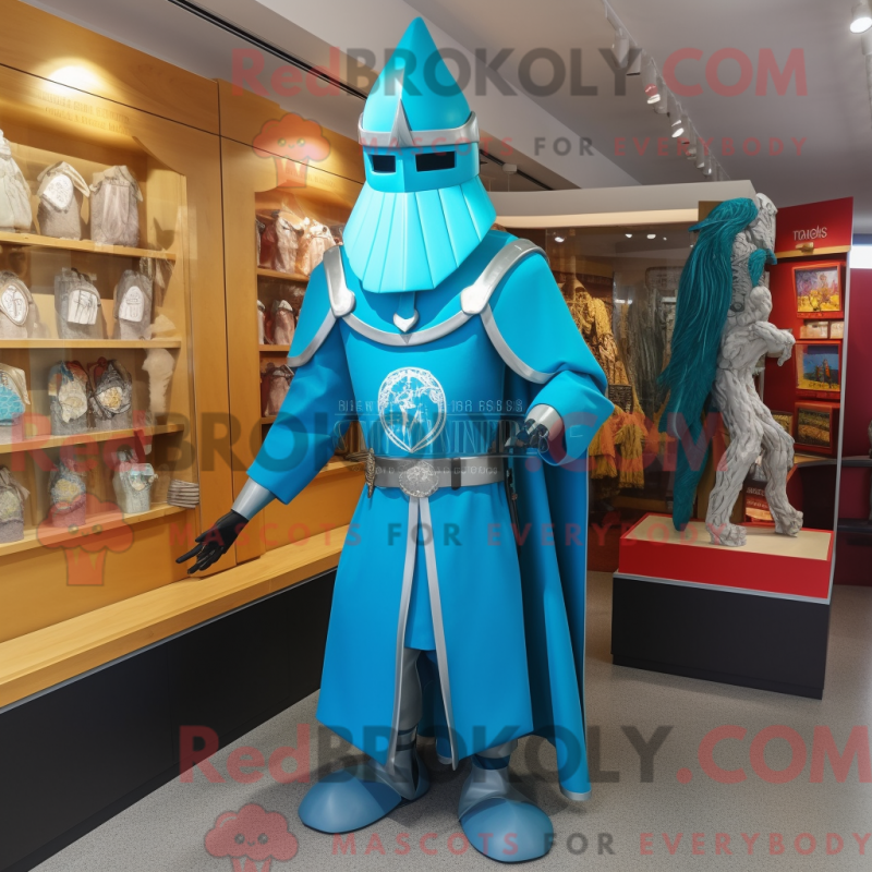 Mascot character of a Turquoise Medieval Knight dressed with a Coat and Hat pins Mascot character of a Turquoise Medieval Knight dressed with a Coat and Hat pins