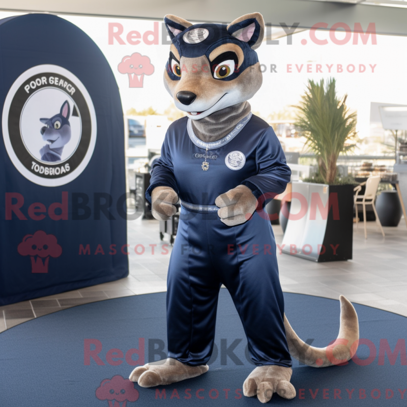 Mascot character of a Navy Thylacosmilus dressed with a Jumpsuit and Coin purses Mascot character of a Navy Thylacosmilus dressed with a Jumpsuit and Coin purses