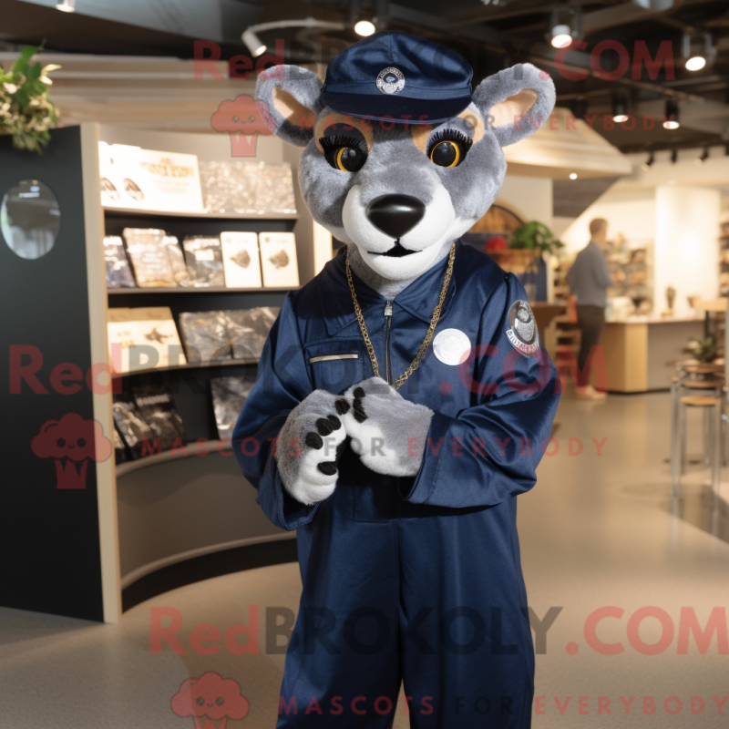Mascot character of a Navy Thylacosmilus dressed with a Jumpsuit and Coin purses Mascot character of a Navy Thylacosmilus dressed with a Jumpsuit and Coin purses