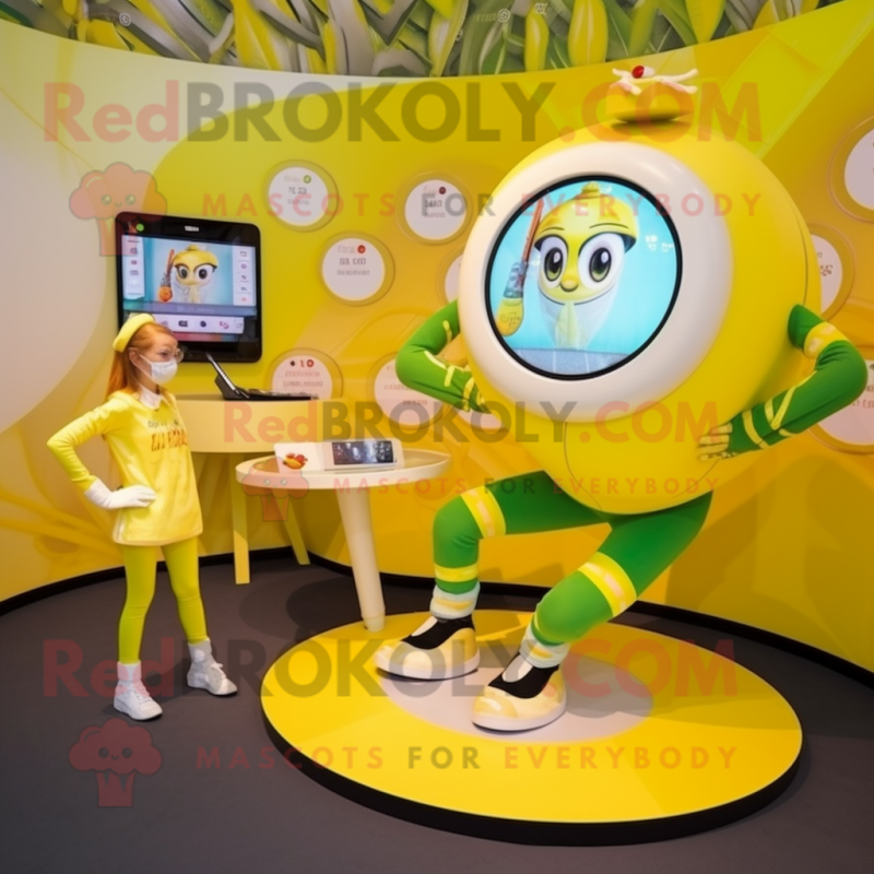 Lemon Yellow Contortionist mascot costume character dressed with a Bikini and Digital watches Lemon Yellow Contortionist mascot costume character dressed with a Bikini and Digital watches
