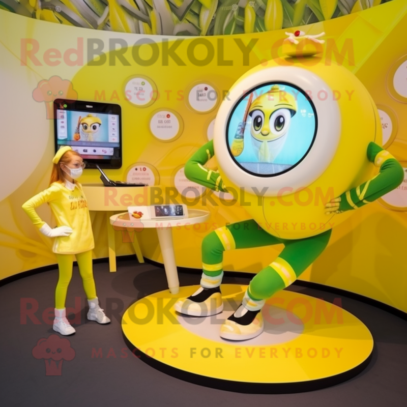 Lemon Yellow Contortionist mascot costume character dressed with a Bikini and Digital watches