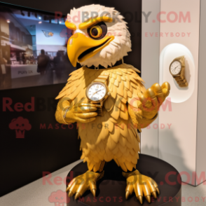 Mascot character of a Gold Eagle dressed with a Playsuit and Bracelet watches