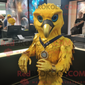 Mascot character of a Gold Eagle dressed with a Playsuit and Bracelet watches