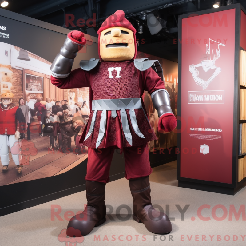 Mascot character of a Maroon Medieval Knight dressed with a Rugby Shirt and Suspenders Mascot character of a Maroon Medieval Knight dressed with a Rugby Shirt and Suspenders